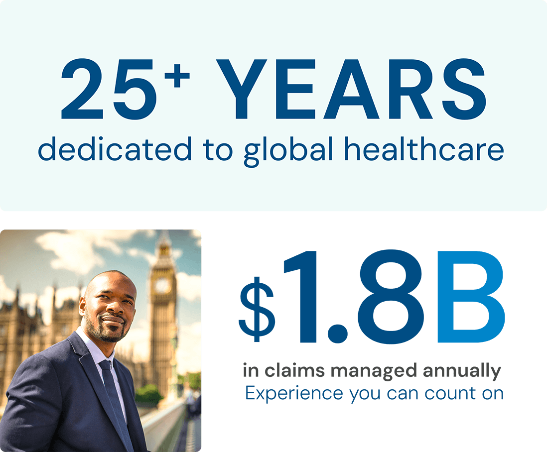 Graphic with statistics that say 25 plus years dedicated to global healthcare, 1.4 billion dollars in claims managed annually backed by experience you can count on 