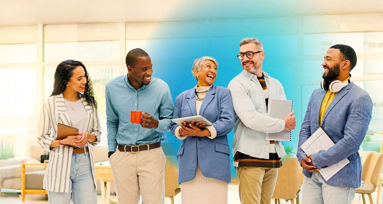 A group of five multi aged and multiethnic business professionals standing at work together with notebooks and a coffee mug and blue gradient hovering around them 