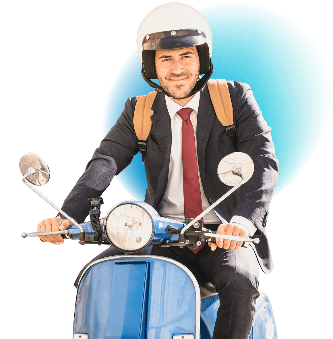 Businessman on a blue motorcycle wearing a helmet and blue gradient hovering behind him